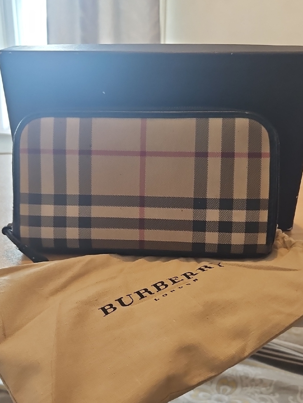 Burberry Beige Check Zip Wallet with Black Trim